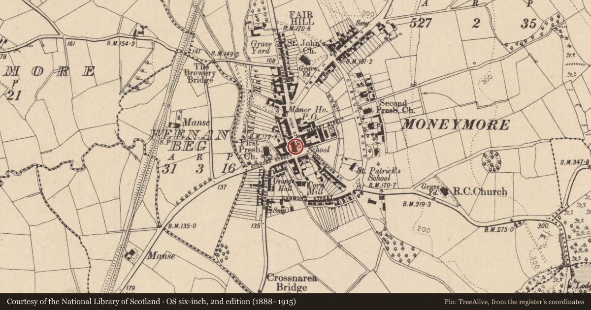 Ordnance Survey six-inch map, 2nd edition (1888–1915) covering the location of The Drapers Arms, Moneymore, Mid Ulster, with a pin at the register's coordinates