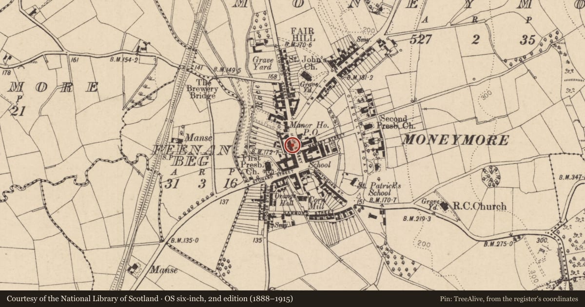 Ordnance Survey six-inch map, 2nd edition (1888–1915) covering the location of 10 High Street, Moneymore, Mid Ulster, with a pin at the register's coordinates