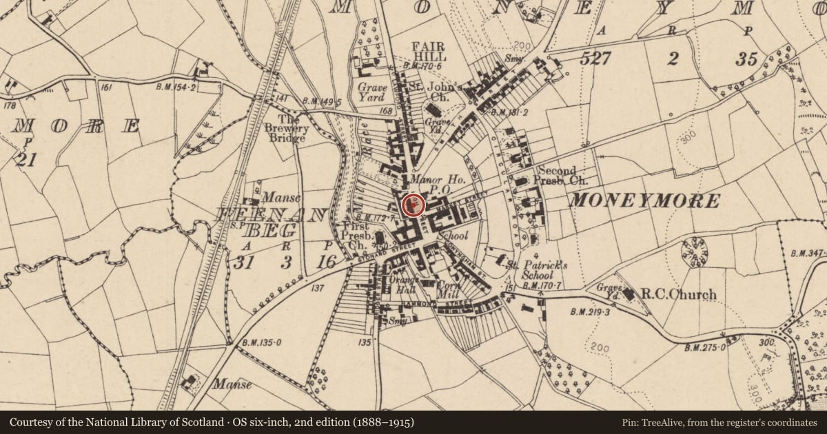 Ordnance Survey six-inch map, 2nd edition (1888–1915) covering the location of 12/14 High Street, Moneymore, Mid Ulster, with a pin at the register's coordinates