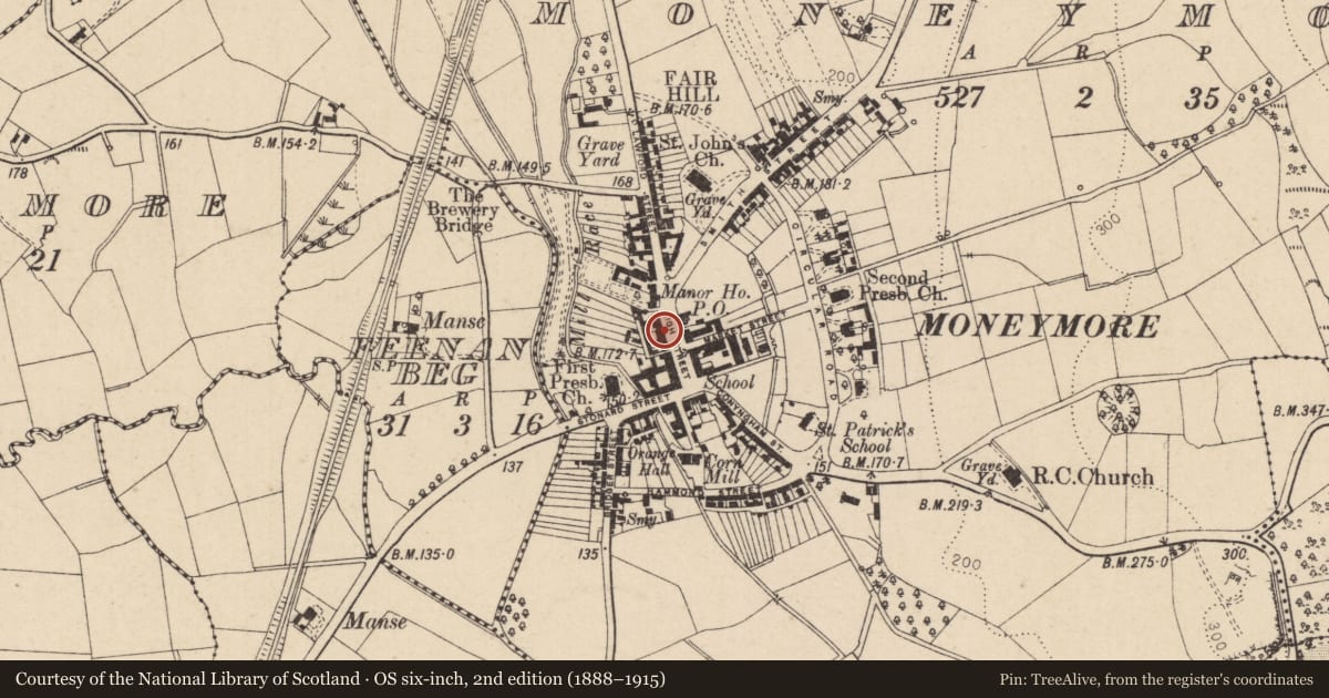 Ordnance Survey six-inch map, 2nd edition (1888–1915) covering the location of 16/18 High Street, Moneymore, Mid Ulster, with a pin at the register's coordinates
