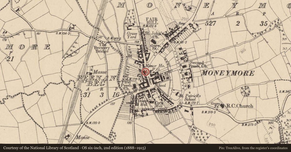 Ordnance Survey six-inch map, 2nd edition (1888–1915) covering the location of 20/22 High Street, Moneymore, Mid Ulster, with a pin at the register's coordinates