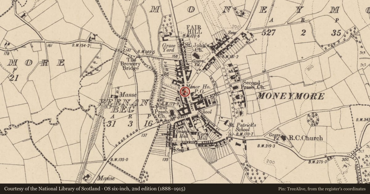 Ordnance Survey six-inch map, 2nd edition (1888–1915) covering the location of 24/26 High Street, Moneymore, Mid Ulster, with a pin at the register's coordinates