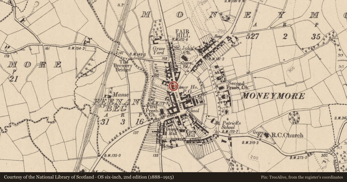Ordnance Survey six-inch map, 2nd edition (1888–1915) covering the location of Manor House, Moneymore, Mid Ulster, with a pin at the register's coordinates