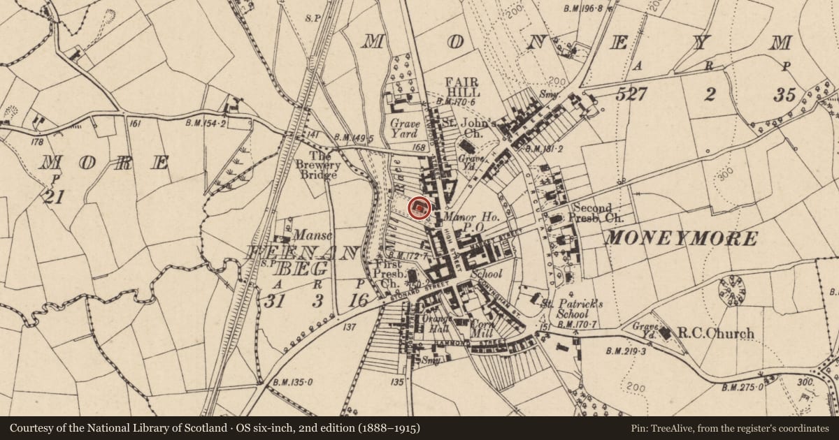 Ordnance Survey six-inch map, 2nd edition (1888–1915) covering the location of Outbuildings at Rear of Manor House, 28 High Street, Moneymore, Magherafelt, Mid Ulster, with a pin at the register's coordinates