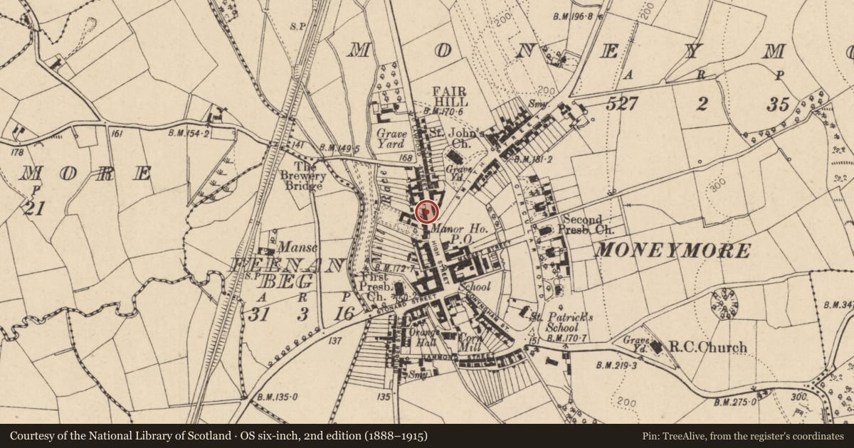 Ordnance Survey six-inch map, 2nd edition (1888–1915) covering the location of 2 Lawford Street, Moneymore, Magherafelt, BT45 7PQ, Mid Ulster, with a pin at the register's coordinates