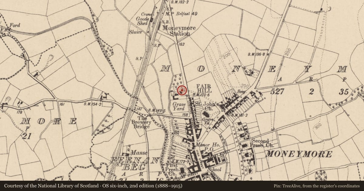 Ordnance Survey six-inch map, 2nd edition (1888–1915) covering the location of Aka Grey Gables, Moneymore, Mid Ulster, with a pin at the register's coordinates