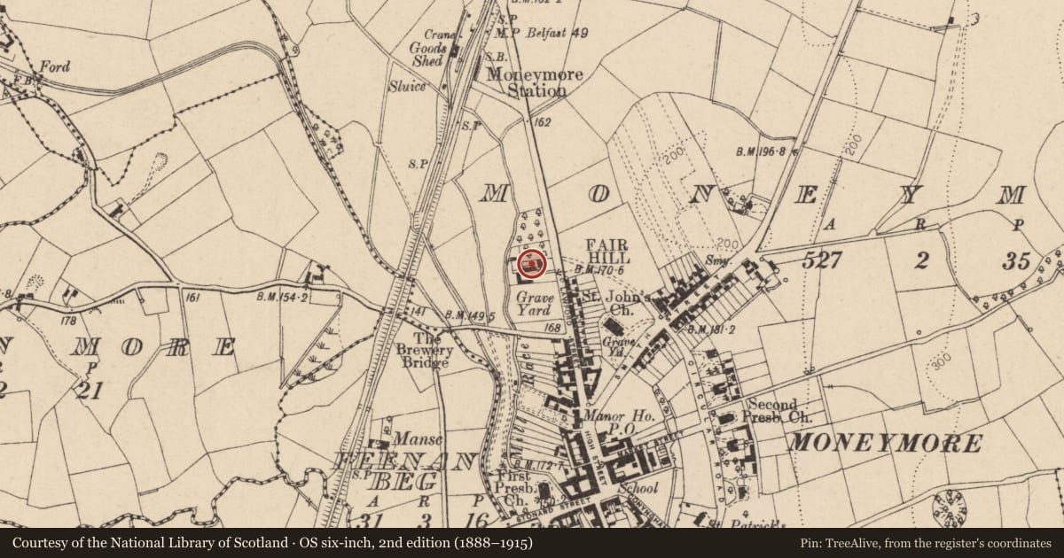 Ordnance Survey six-inch map, 2nd edition (1888–1915) covering the location of House, Moneymore, Mid Ulster, with a pin at the register's coordinates