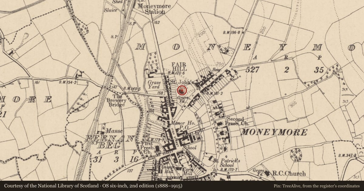 Ordnance Survey six-inch map, 2nd edition (1888–1915) covering the location of St John’s Church (C of I), Moneymore, Mid Ulster, with a pin at the register's coordinates