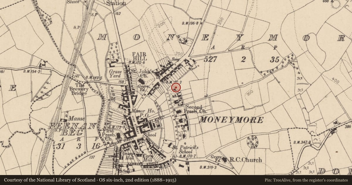 Ordnance Survey six-inch map, 2nd edition (1888–1915) covering the location of Garramean, Moneymore, Mid Ulster, with a pin at the register's coordinates