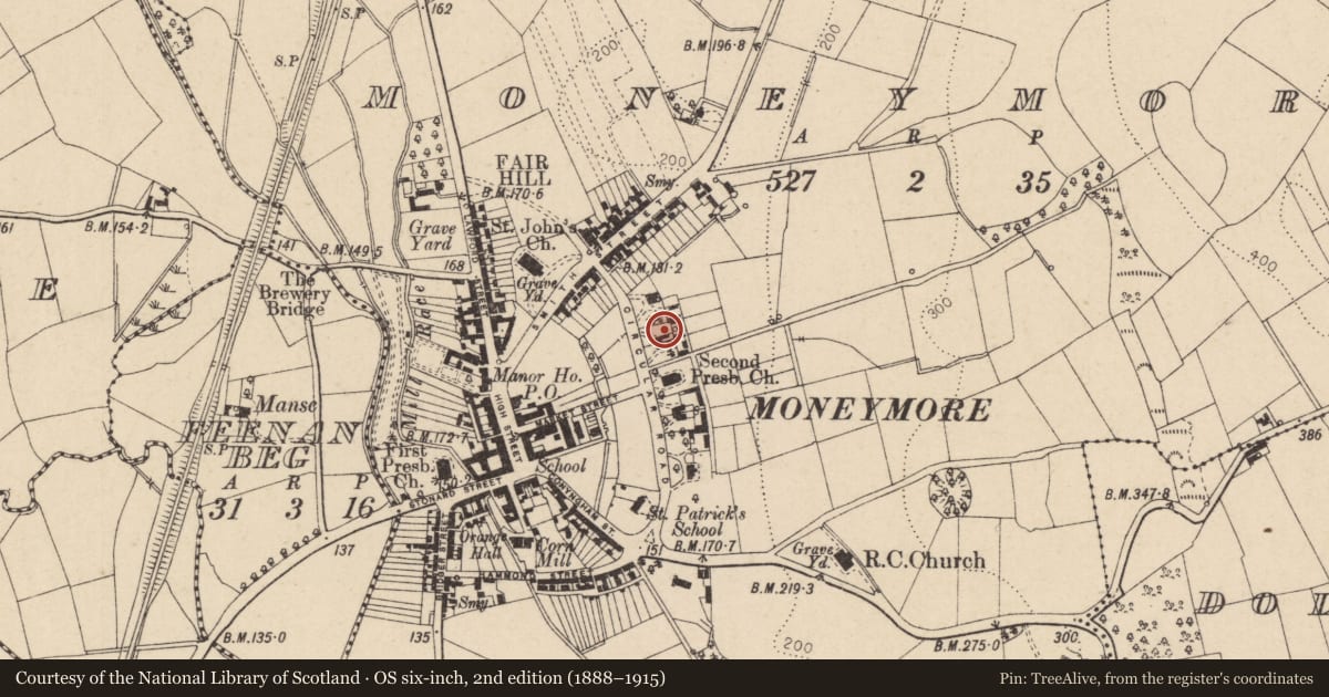 Ordnance Survey six-inch map, 2nd edition (1888–1915) covering the location of 4 Circular Road, Moneymore, Mid Ulster, with a pin at the register's coordinates