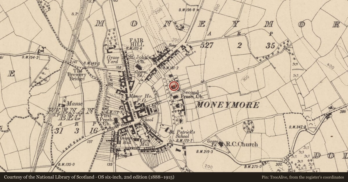 Ordnance Survey six-inch map, 2nd edition (1888–1915) covering the location of 6 Circular Road, Moneymore, Mid Ulster, with a pin at the register's coordinates