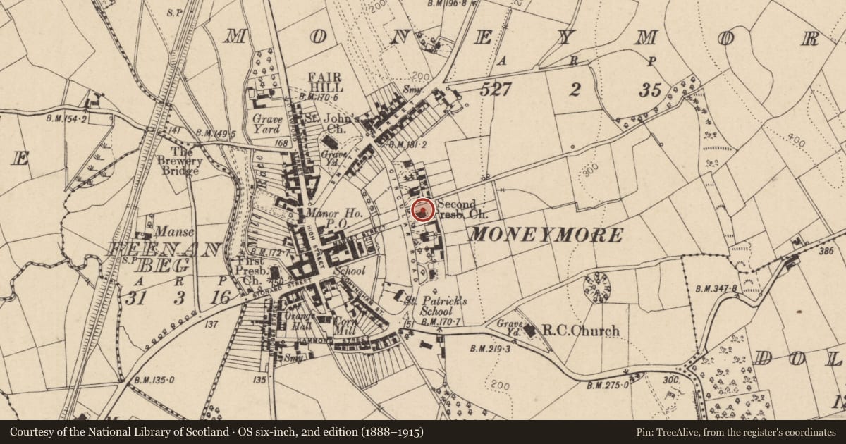 Ordnance Survey six-inch map, 2nd edition (1888–1915) covering the location of Second Presbyterian Church, Moneymore, Mid Ulster, with a pin at the register's coordinates