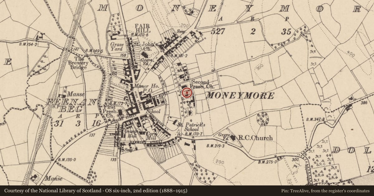Ordnance Survey six-inch map, 2nd edition (1888–1915) covering the location of 10 Circular Road, Mid Ulster, with a pin at the register's coordinates