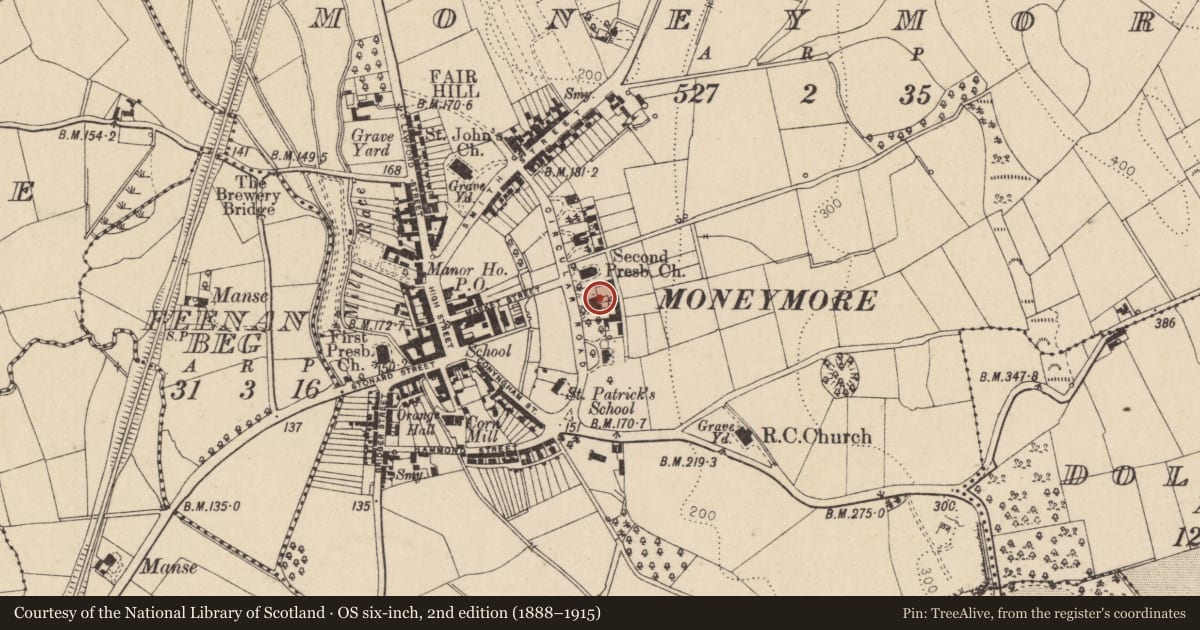 Ordnance Survey six-inch map, 2nd edition (1888–1915) covering the location of 12 Circular Road, Moneymore, Mid Ulster, with a pin at the register's coordinates