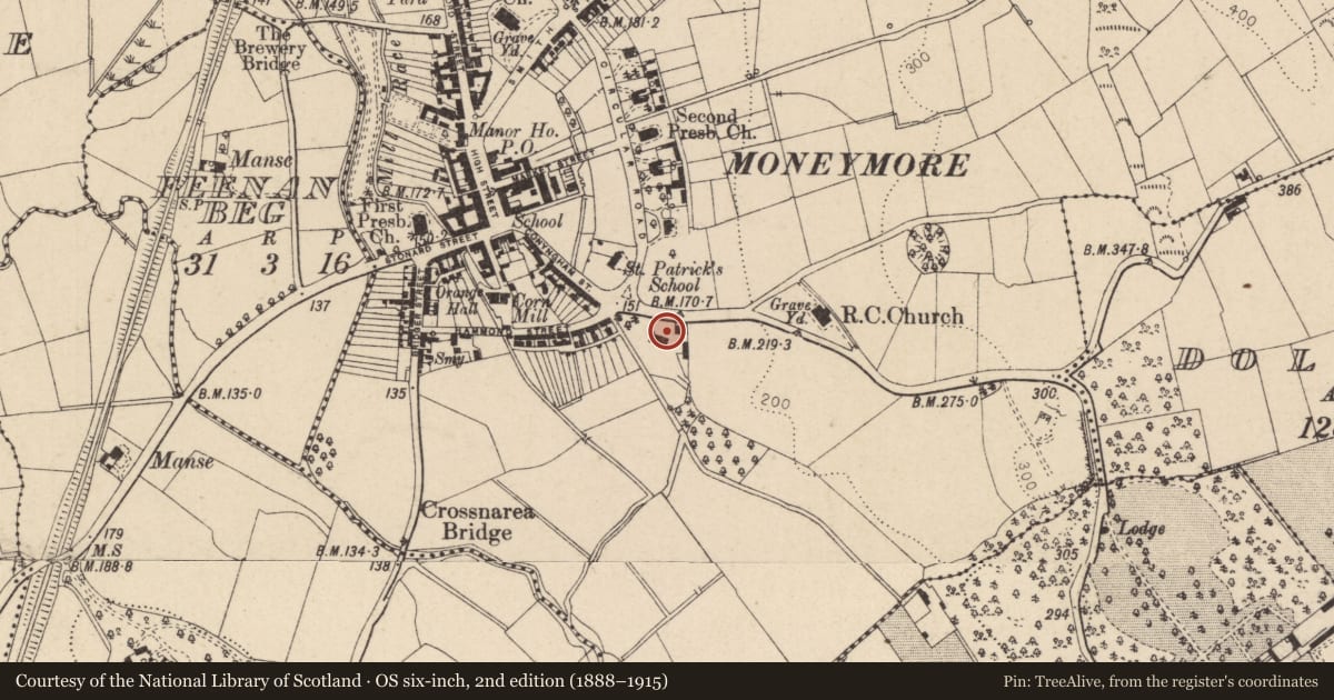 Ordnance Survey six-inch map, 2nd edition (1888–1915) covering the location of Former Common Barn, Moneymore, Mid Ulster, with a pin at the register's coordinates