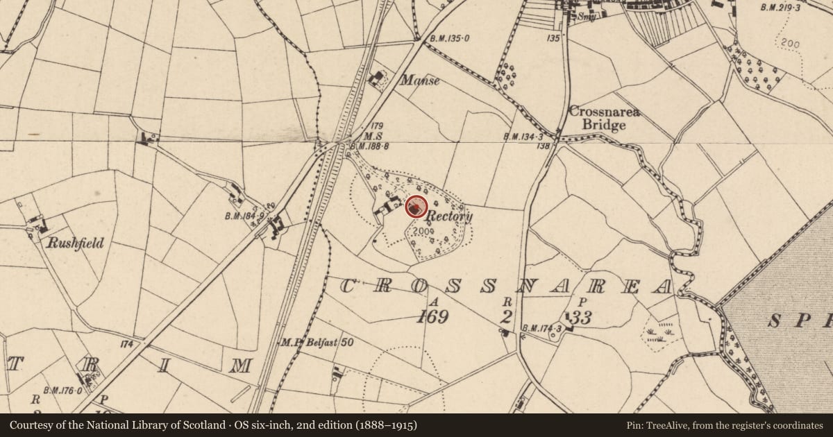 Ordnance Survey six-inch map, 2nd edition (1888–1915) covering the location of 24 Cookstown Road, Crossnarea, Mid Ulster, with a pin at the register's coordinates
