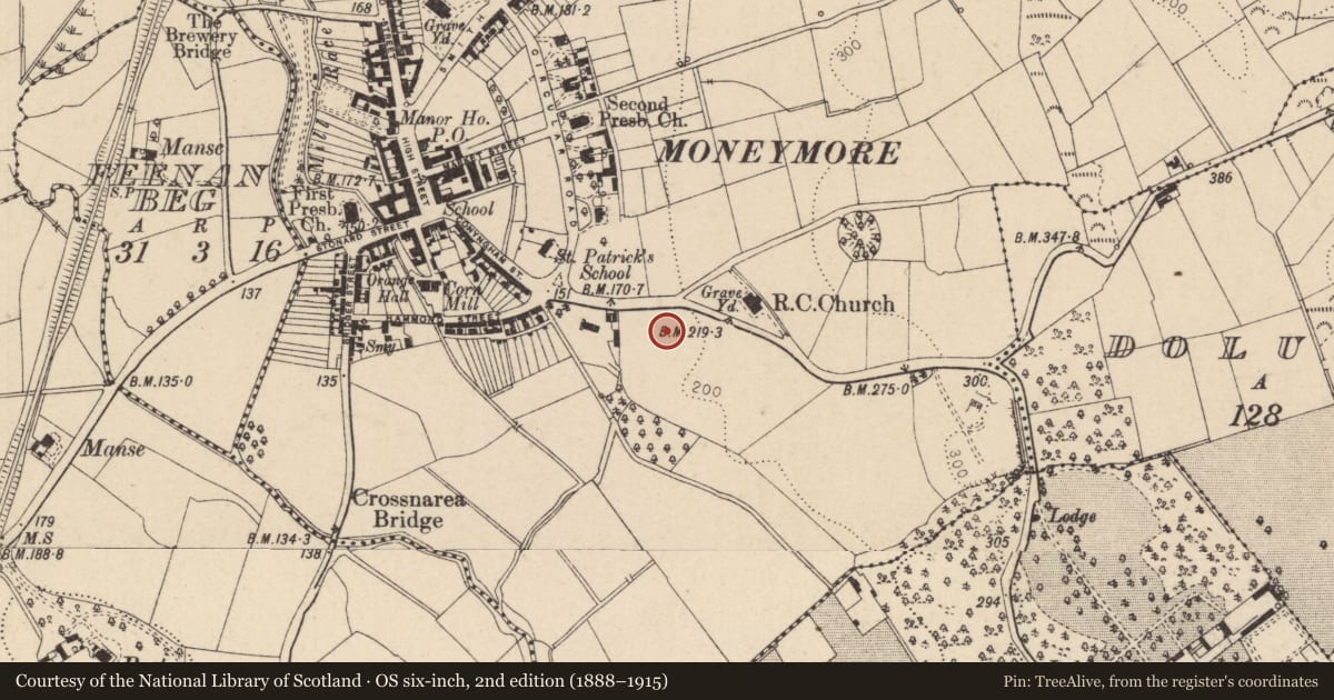 Ordnance Survey six-inch map, 2nd edition (1888–1915) covering the location of St Patrick's Primary School, 15 Springhill Road, Moneymore, Magherafelt, Mid Ulster, with a pin at the register's coordinates