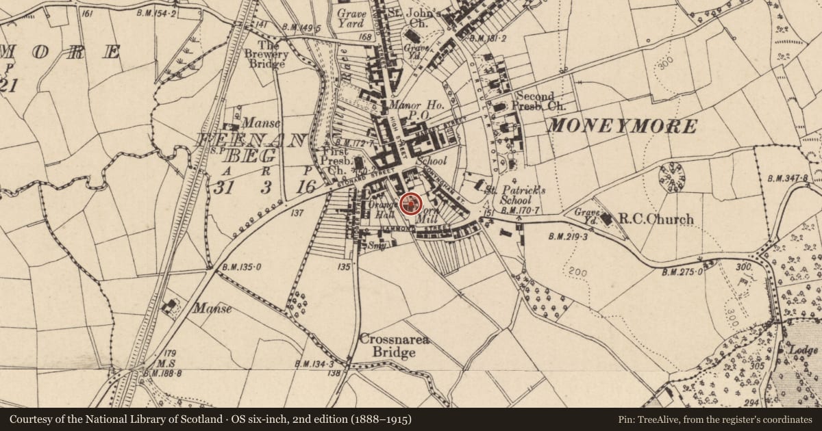 Ordnance Survey six-inch map, 2nd edition (1888–1915) covering the location of Mill, Mill Lane, Moneymore, Magherafelt, Co Londonderry, Mid Ulster, with a pin at the register's coordinates