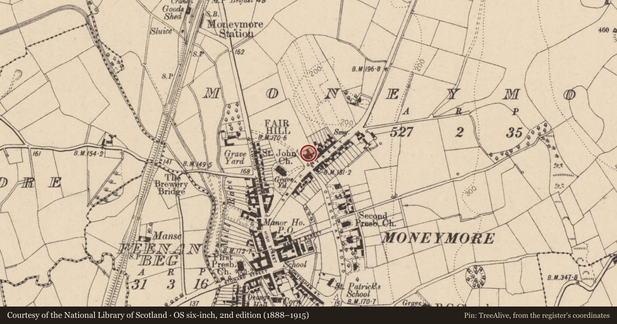 Ordnance Survey six-inch map, 2nd edition (1888–1915) covering the location of Assembly Rooms, Moneymore, Mid Ulster, with a pin at the register's coordinates