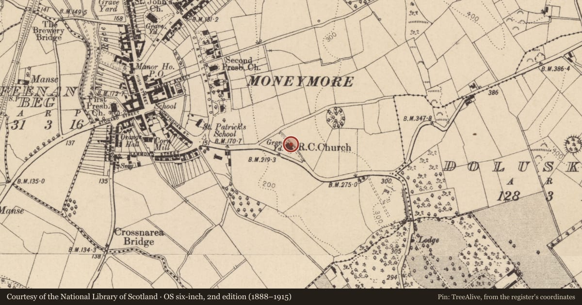 Ordnance Survey six-inch map, 2nd edition (1888–1915) covering the location of S.S. John R.C. Church, Springhill Road, Moneymore, Magherafelt, Mid Ulster, with a pin at the register's coordinates