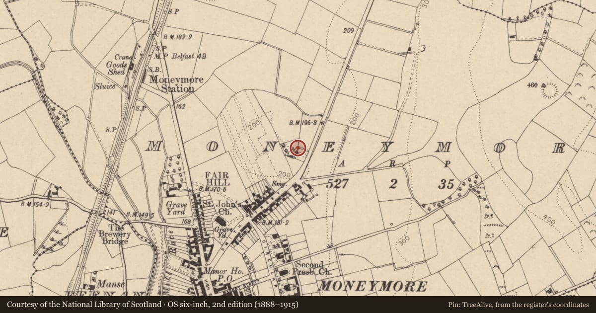 Ordnance Survey six-inch map, 2nd edition (1888–1915) covering the location of Cloneen, 8 Magherafelt Road, Moneymore, Magherafelt, Mid Ulster, with a pin at the register's coordinates