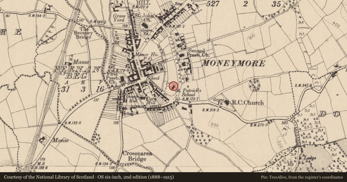 Ordnance Survey six-inch map, 2nd edition (1888–1915) covering the location of Community Hall, 21 Circular Road, Moneymore, Magherafelt, Mid Ulster, with a pin at the register's coordinates