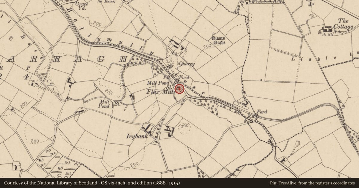 Ordnance Survey six-inch map, 2nd edition (1888–1915) covering the location of Former corn/scutch mill, Carrydarragh Road, Moneymore, Magherafelt, Mid Ulster, with a pin at the register's coordinates