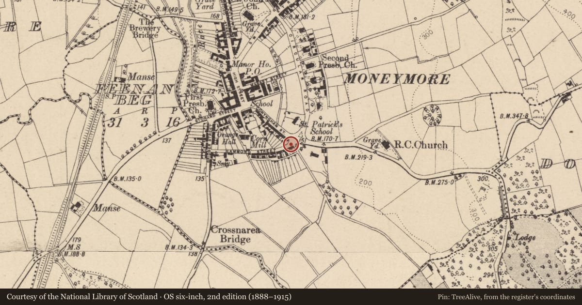 Ordnance Survey six-inch map, 2nd edition (1888–1915) covering the location of 35 Hammond Street, Moneymore, Magherafelt, BT45 7PS, Mid Ulster, with a pin at the register's coordinates