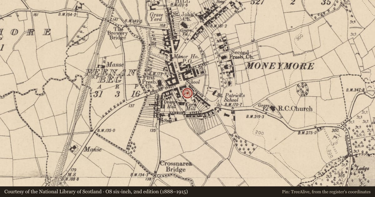 Ordnance Survey six-inch map, 2nd edition (1888–1915) covering the location of Store, Mill Lane, Moneymore, Magherafelt, Mid Ulster, with a pin at the register's coordinates