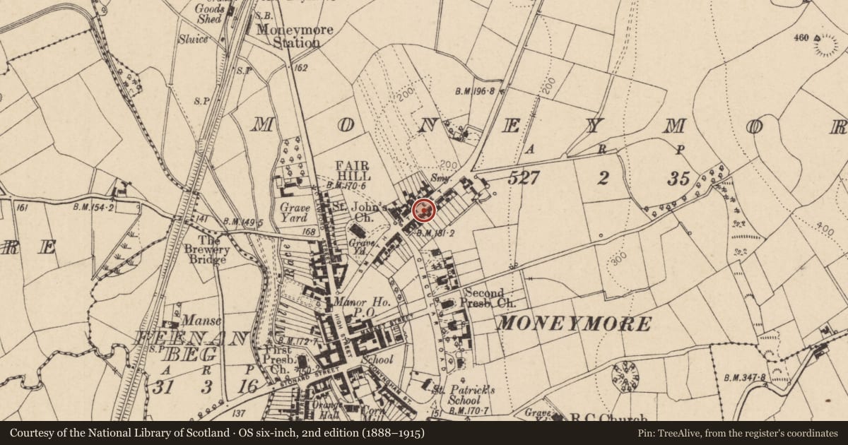 Ordnance Survey six-inch map, 2nd edition (1888–1915) covering the location of 51/53 Smith Street, Moneymore, Magherafelt, BT45 7NN, Mid Ulster, with a pin at the register's coordinates