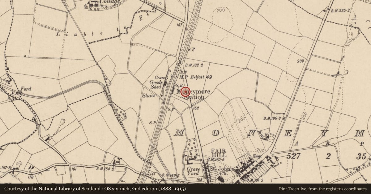 Ordnance Survey six-inch map, 2nd edition (1888–1915) covering the location of Former Railway Station, 22 Station Road, Moneymore, Magherafelt, Mid Ulster, with a pin at the register's coordinates