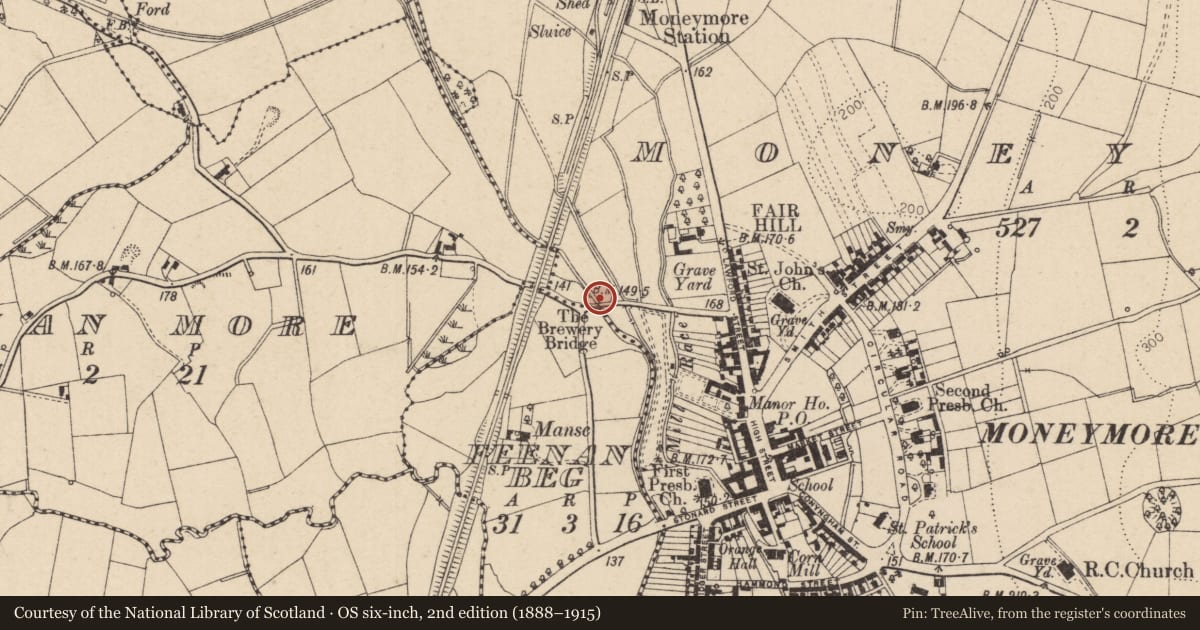 Ordnance Survey six-inch map, 2nd edition (1888–1915) covering the location of The Brewery Bridge, Turnaface Bridge, Moneymore, Magherafelt, Mid Ulster, with a pin at the register's coordinates