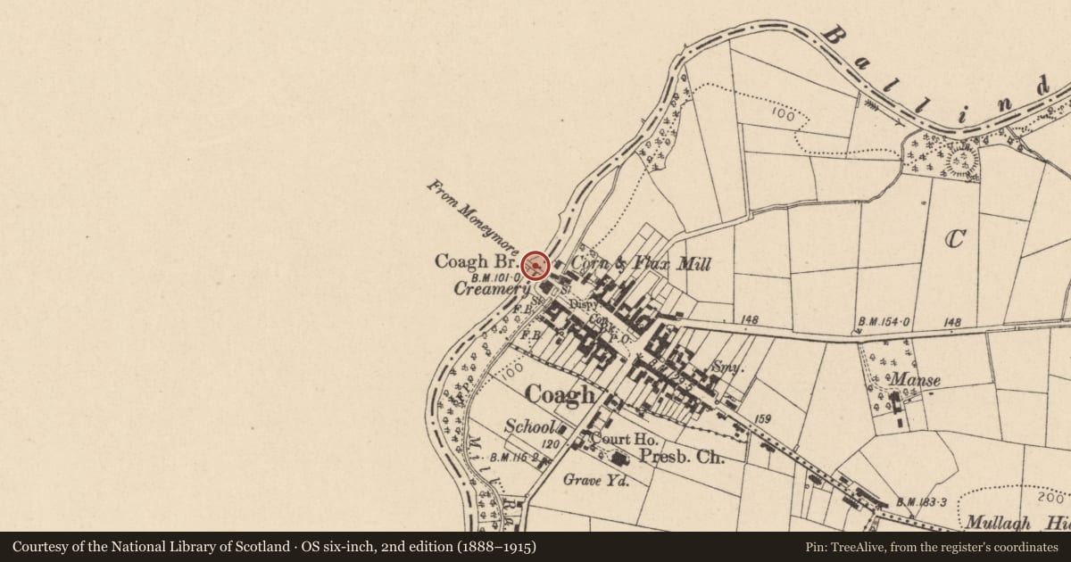 Ordnance Survey six-inch map, 2nd edition (1888–1915) covering the location of Coagh Bridge over Ballinderry River, Tamlaght/Coagh, Mid Ulster, with a pin at the register's coordinates