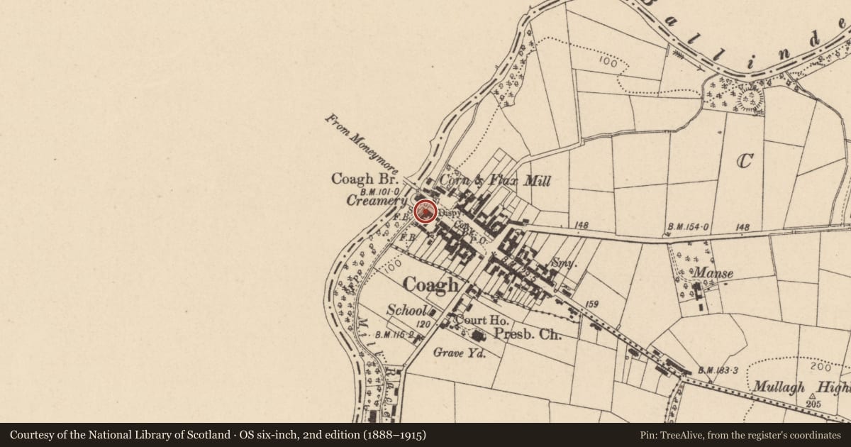 Ordnance Survey six-inch map, 2nd edition (1888–1915) covering the location of Hanover House, Coagh, Mid Ulster, with a pin at the register's coordinates