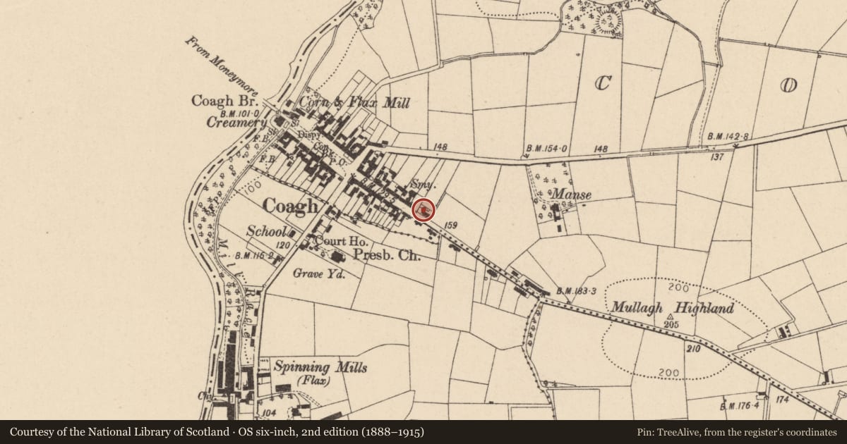 Ordnance Survey six-inch map, 2nd edition (1888–1915) covering the location of 36 Main St, Coagh, Mid Ulster, with a pin at the register's coordinates