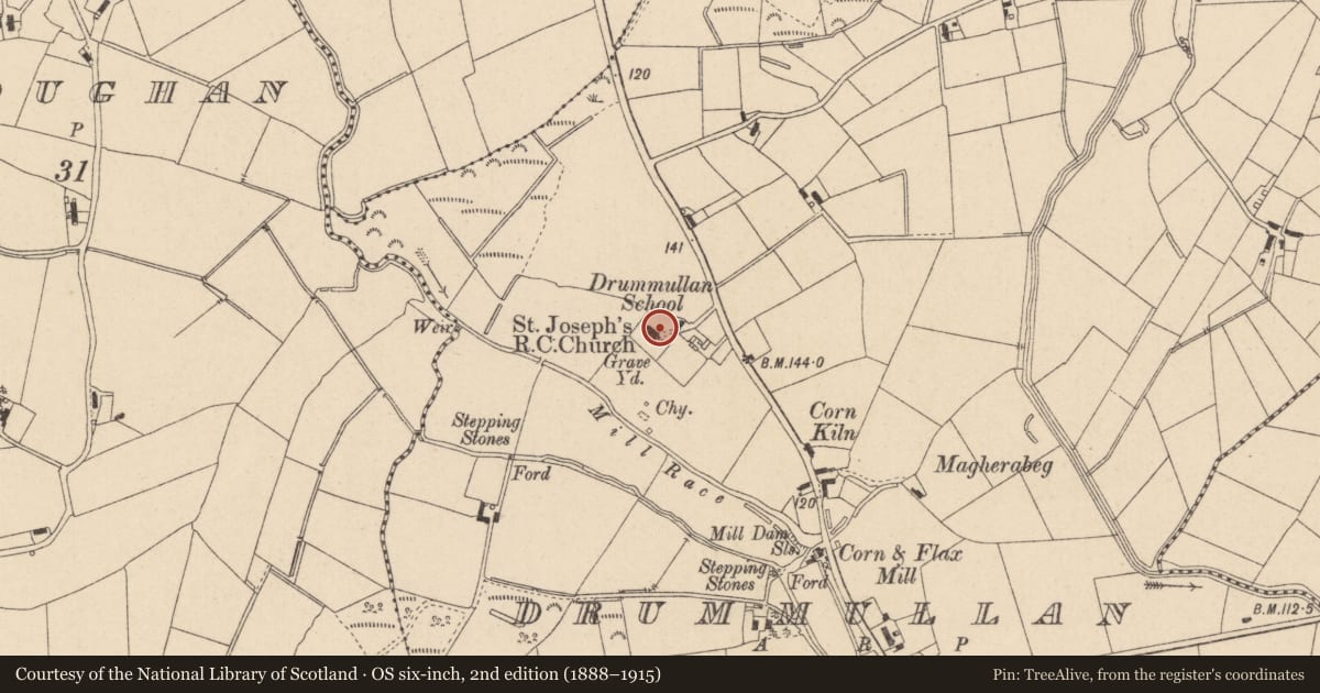 Ordnance Survey six-inch map, 2nd edition (1888–1915) covering the location of Roman Catholic Church of St Joesph and St Malachy, 75 Moneyhaw Road, Magherafelt, BT 45 7XR, Drummullan, Mid Ulster, with a pin at the register's coordinates