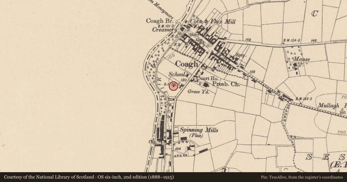 Ordnance Survey six-inch map, 2nd edition (1888–1915) covering the location of Soldiers and Sailors Memorial Hall, 33 Urbal Road, Coagh, Cookstown, Co Tyrone, Ballyronan, Mid Ulster, with a pin at the register's coordinates