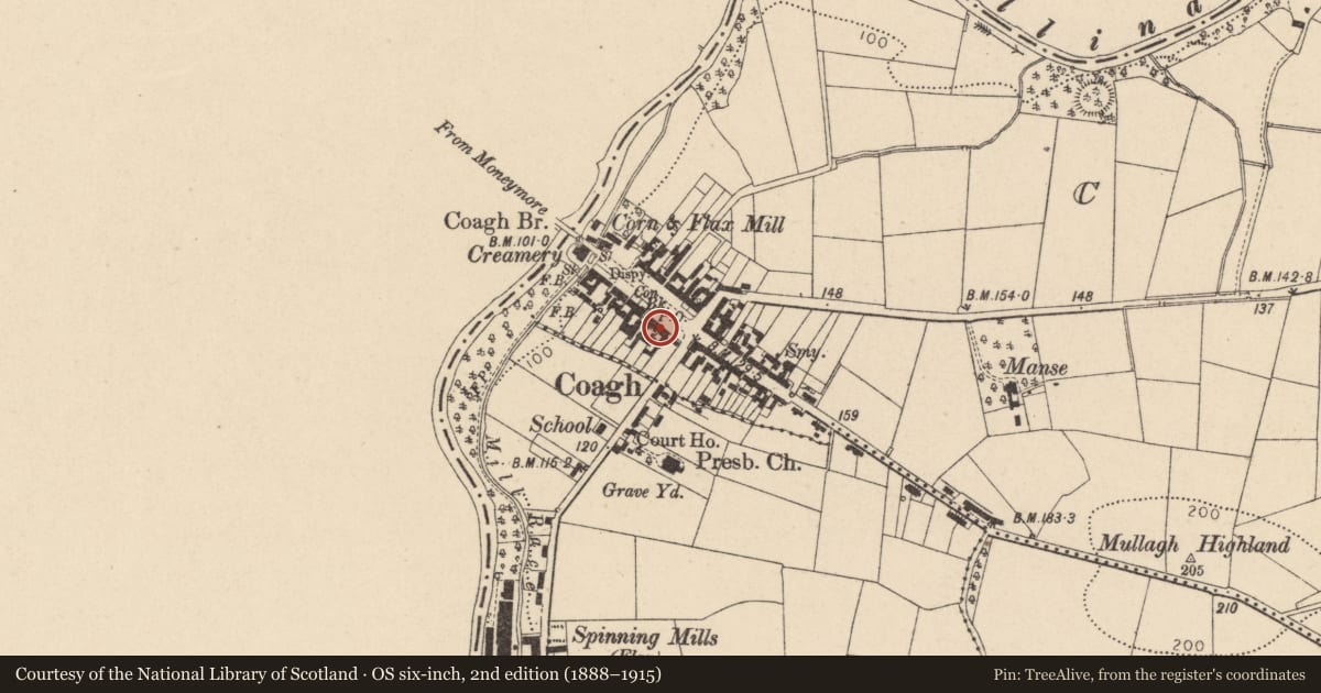 Ordnance Survey six-inch map, 2nd edition (1888–1915) covering the location of 6 Hanover Square, Coagh, Cookstown, BT80 0EF, Mid Ulster, with a pin at the register's coordinates