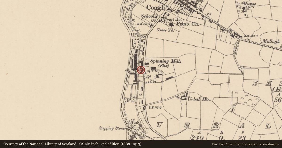 Ordnance Survey six-inch map, 2nd edition (1888–1915) covering the location of 69 Urbal Road, Mid Ulster, with a pin at the register's coordinates