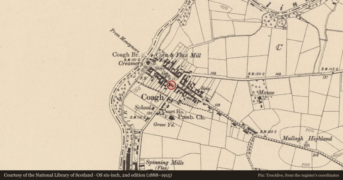 Ordnance Survey six-inch map, 2nd edition (1888–1915) covering the location of Garage with Belfast Truss Roof, 2 Hannover Square, Coagh, Cookstown, BT80 0EF, Mid Ulster, with a pin at the register's coordinates