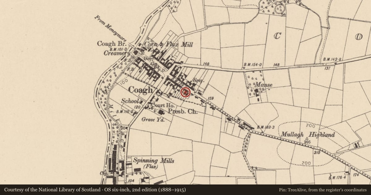 Ordnance Survey six-inch map, 2nd edition (1888–1915) covering the location of Orange Hall, 31 Main Street, Coagh, Cookstown, BT80 0EN, Mid Ulster, with a pin at the register's coordinates