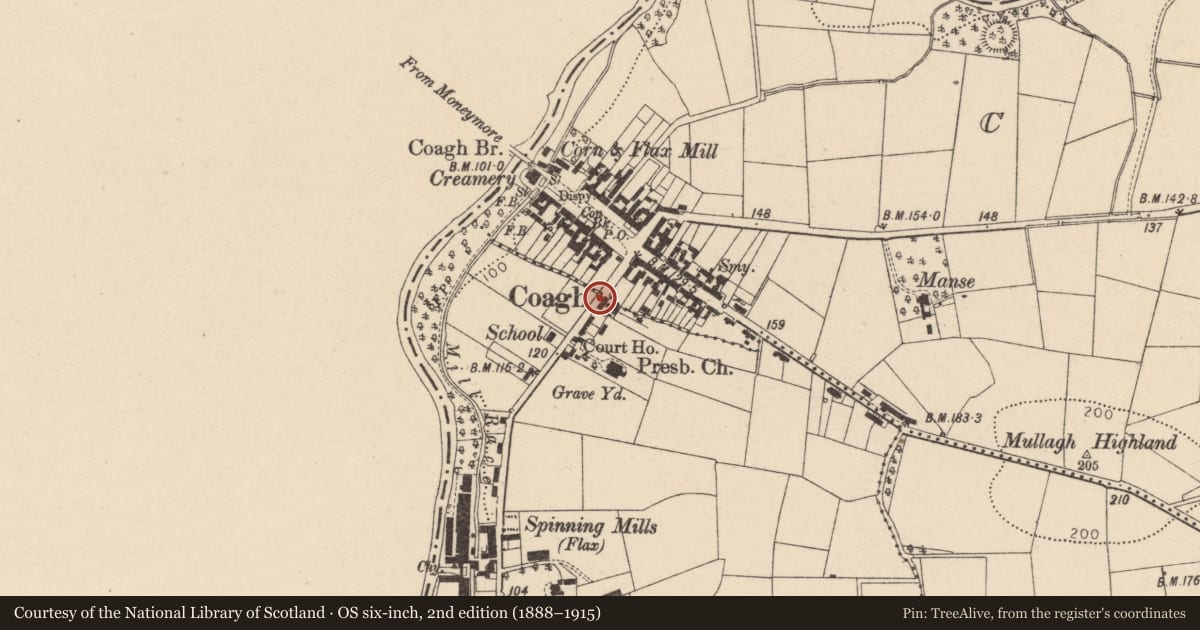 Ordnance Survey six-inch map, 2nd edition (1888–1915) covering the location of 12 Urbal Road, Mid Ulster, with a pin at the register's coordinates