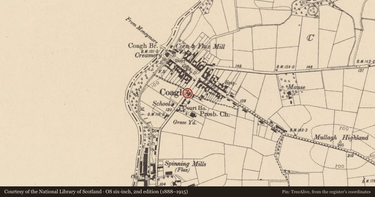 Ordnance Survey six-inch map, 2nd edition (1888–1915) covering the location of 14 Urbal Road, Mid Ulster, with a pin at the register's coordinates