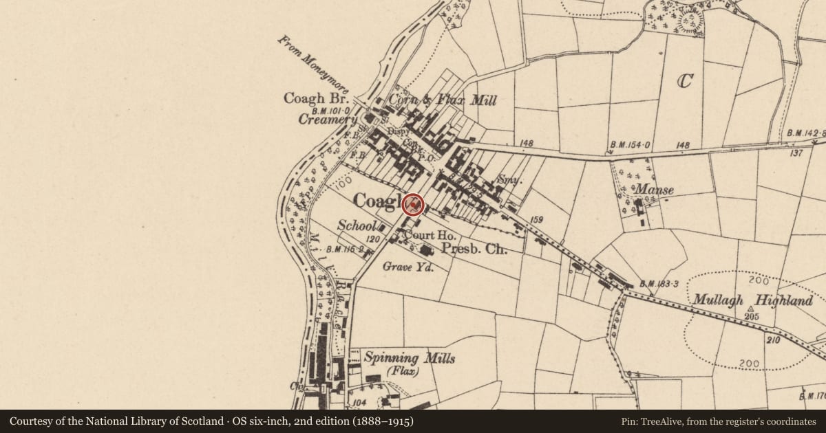 Ordnance Survey six-inch map, 2nd edition (1888–1915) covering the location of 16 Urbal Road, Mid Ulster, with a pin at the register's coordinates