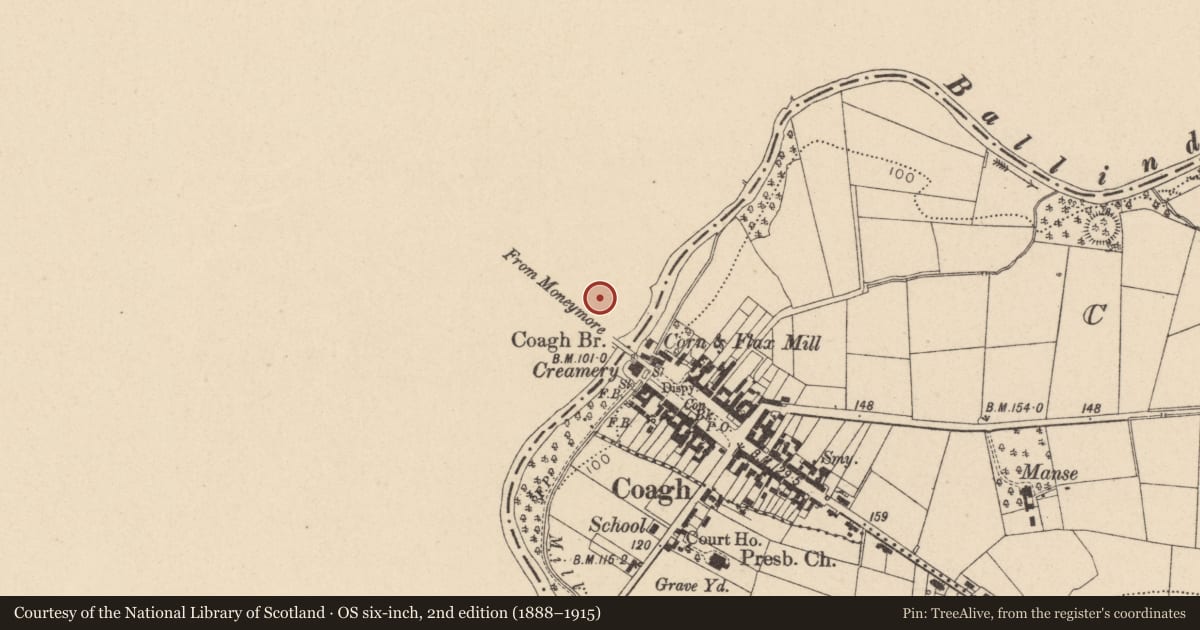 Ordnance Survey six-inch map, 2nd edition (1888–1915) covering the location of Col Parish Hall, Bridgend Road, Coagh, BT80 0AB, Tamlaght, Mid Ulster, with a pin at the register's coordinates