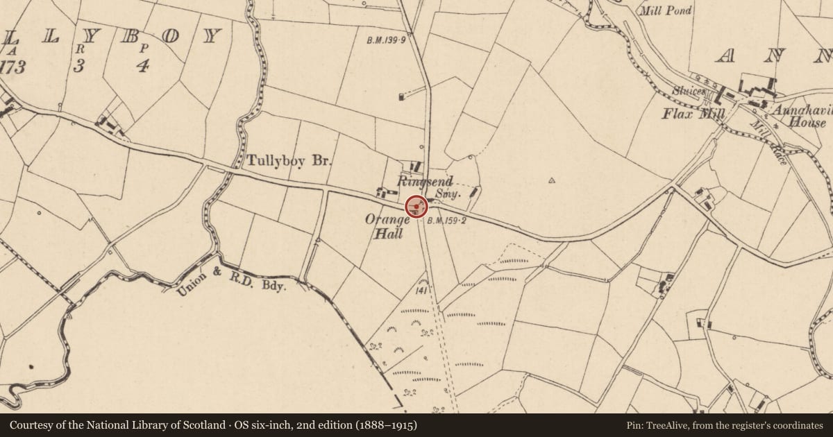 Ordnance Survey six-inch map, 2nd edition (1888–1915) covering the location of Telephone Kiosk, Ballyloughan, with a pin at the register's coordinates