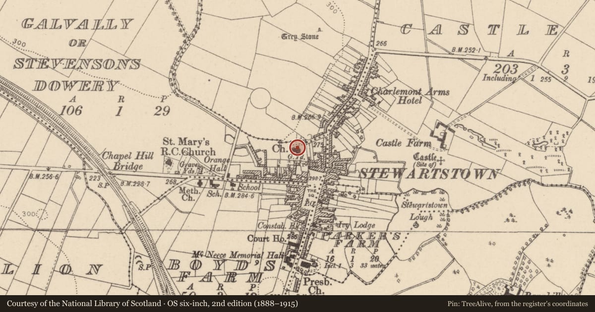 Ordnance Survey six-inch map, 2nd edition (1888–1915) covering the location of St Patrick's Church of Ireland, Galwally or Stevensons Dowery, Mid Ulster, with a pin at the register's coordinates