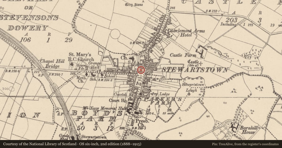 Ordnance Survey six-inch map, 2nd edition (1888–1915) covering the location of War Memorial, The Square, Stewartstown, Dungannon, Co Tyrone, Galvally or Stevensons Dowery, Mid Ulster, with a pin at the register's coordinates