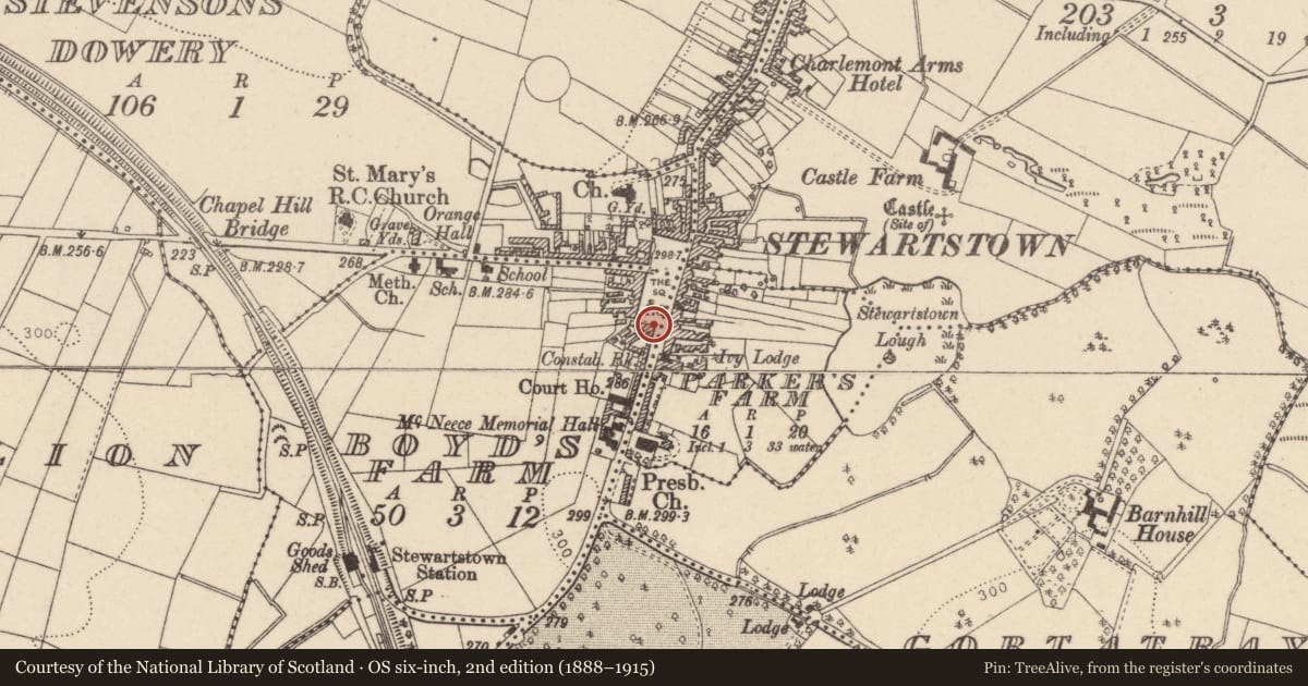 Ordnance Survey six-inch map, 2nd edition (1888–1915) covering the location of 35 The Square, Stewartstown, BT71 5HX, Mid Ulster, with a pin at the register's coordinates