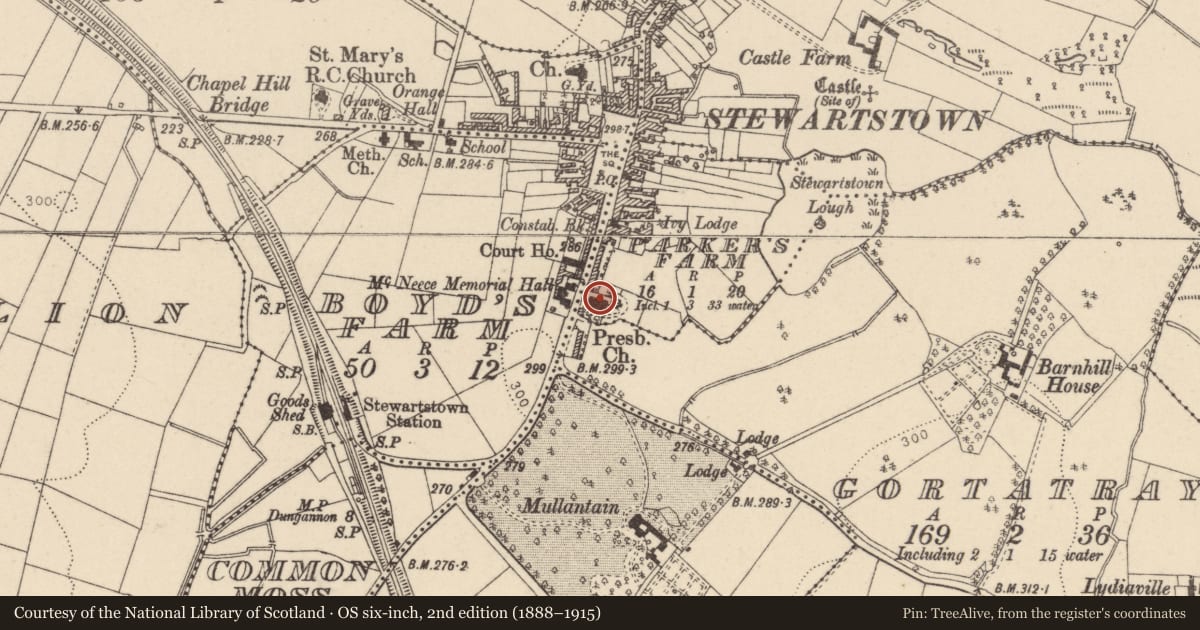 Ordnance Survey six-inch map, 2nd edition (1888–1915) covering the location of First Presbyterian Church, Parker's Farm, Mid Ulster, with a pin at the register's coordinates